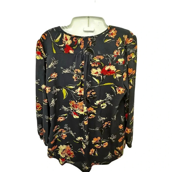 Fun2Fun Kenmore Split Neck un Navy Floral Long Sleeve Rayon Blouse Women's Sz S - Picture 7 of 8
